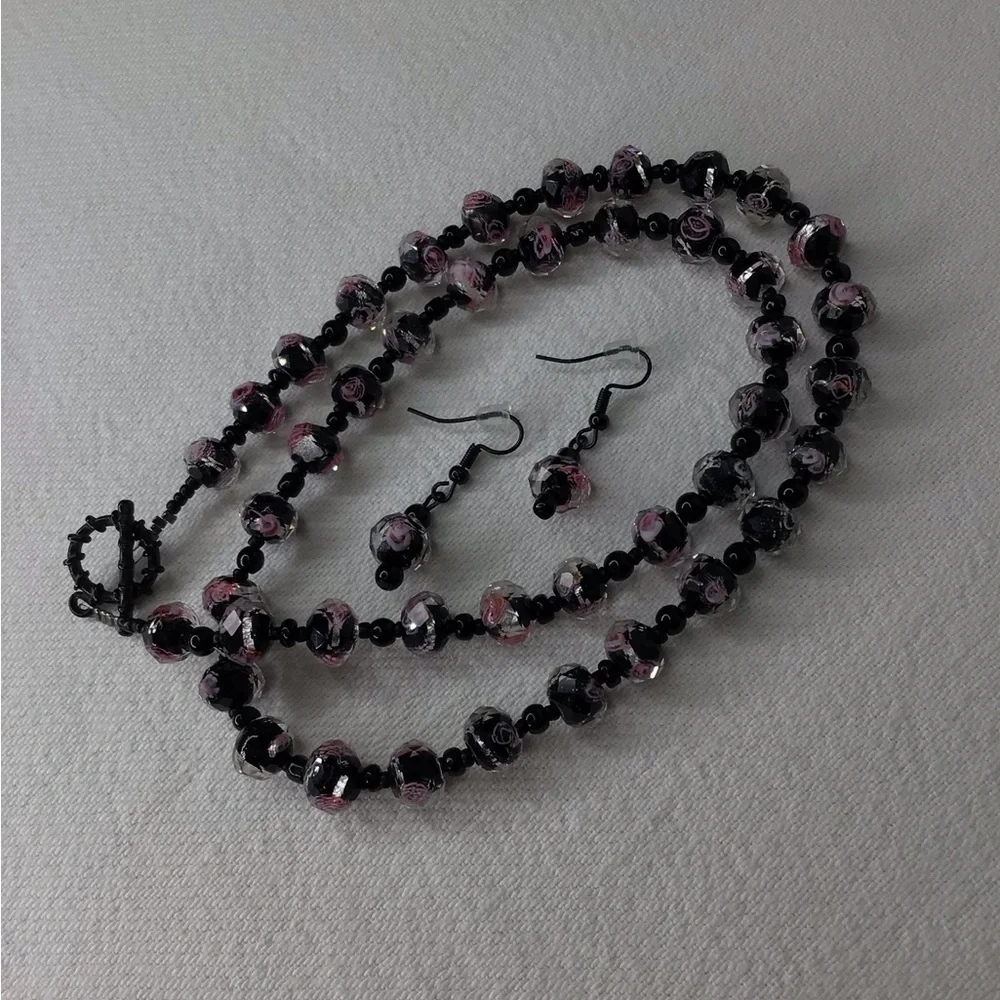 Black and Pink Crystal Necklace & Earring Set